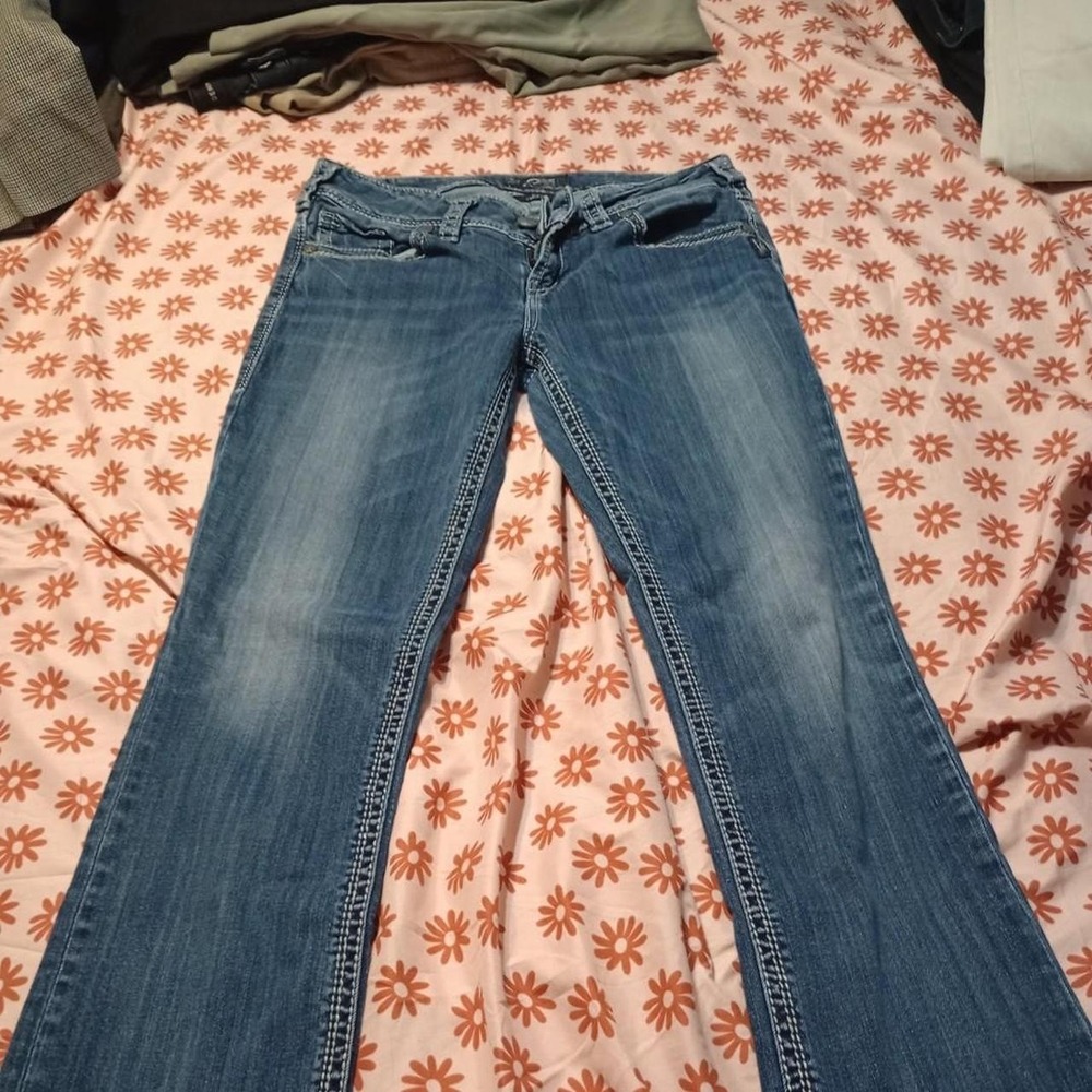 Silver Jeans Suki‎ Straight Leg Medium Wash Contrast Stitch Denim Jeans 30x30